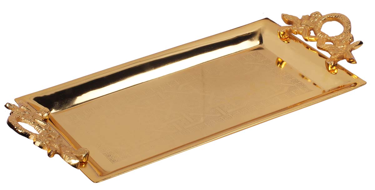 Buy in Bulk Wholesale Decorative Tray - 18” Rectangular Metal Golden Color - Hand-Etched Serving Tray with Decorative Aluminium Handles - Home Decor/Kitchen Essentials